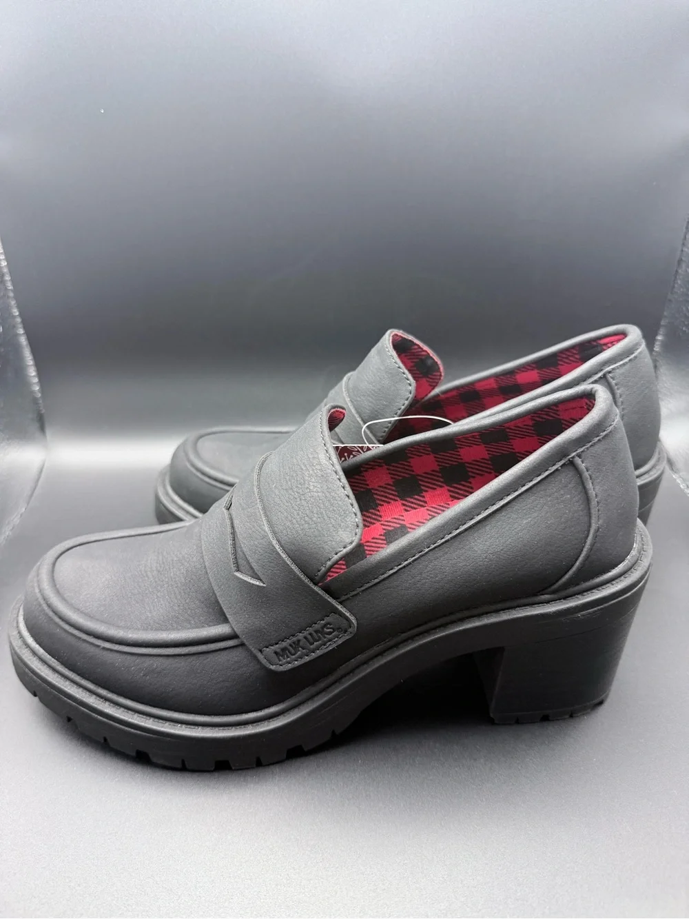 Muk Luks - Black Lug Heel Penny Loafers with Red Plaid Lining